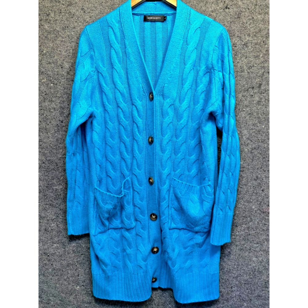 Merokeety Cardigan Women L Cable Knit Long Sleeve Button Down Pockets Blue